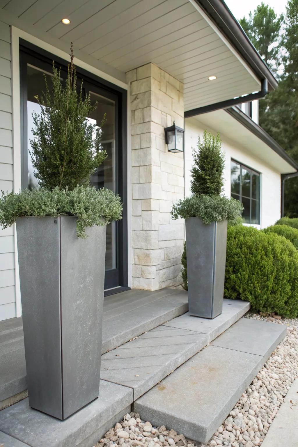 Minimalist metal pots bring a modern accent.