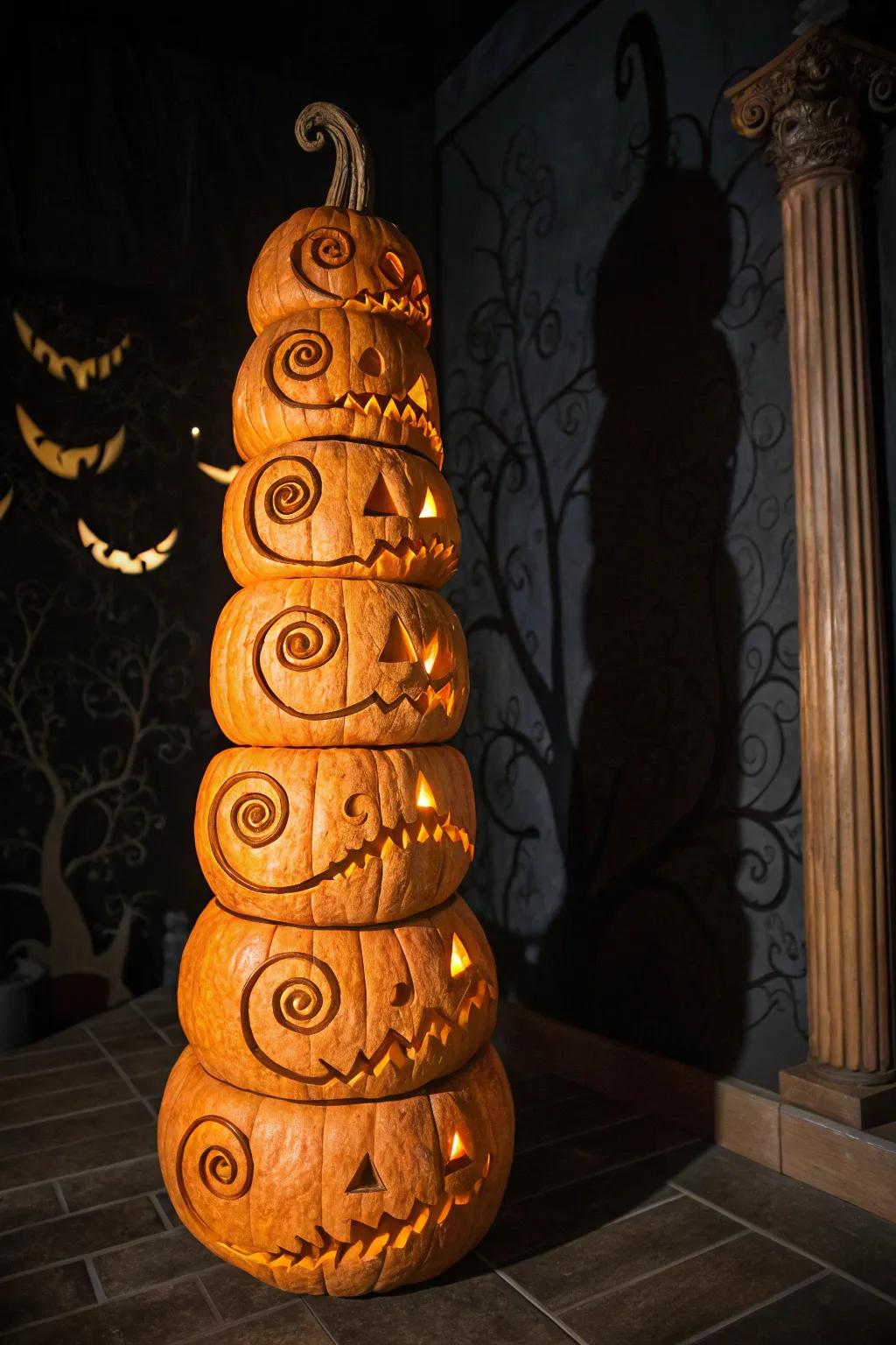 Introduce a spin to your pumpkin sculpting with a spiral pattern showcasing spooky faces.