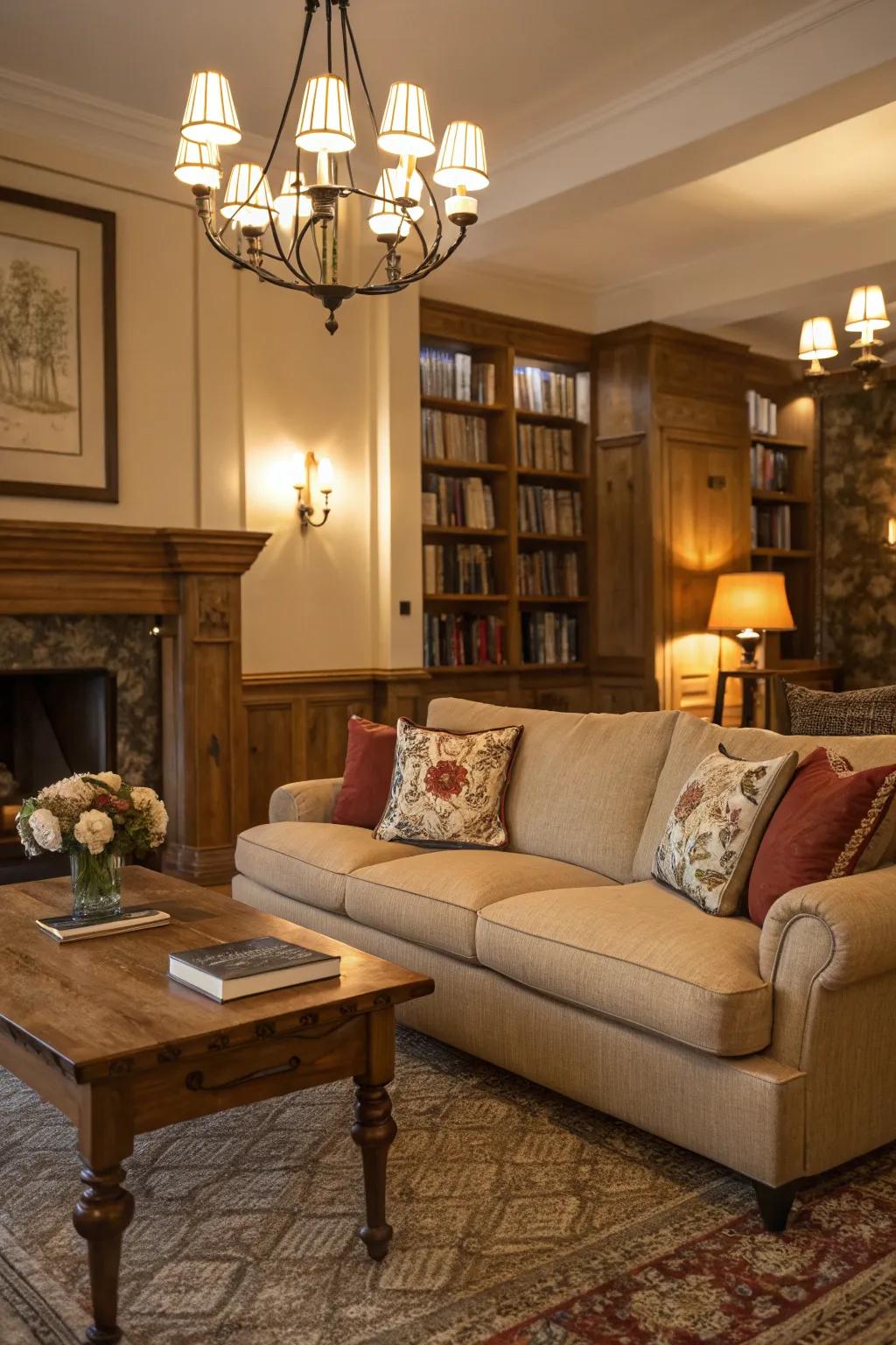 Lighting highlights the beige sofa and cultivates a cozy vibe.