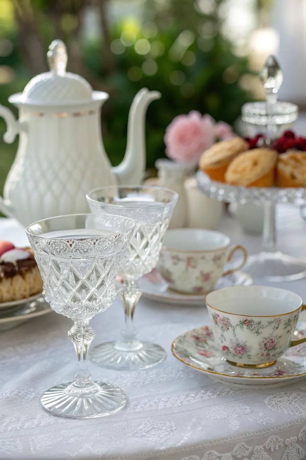 Glassware introduces gleam and sophistication to the arrangement.