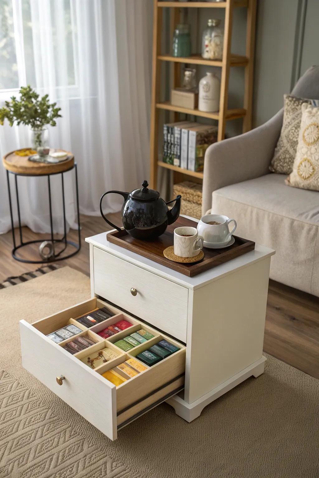 Multi-use furniture functioning as a tea station.