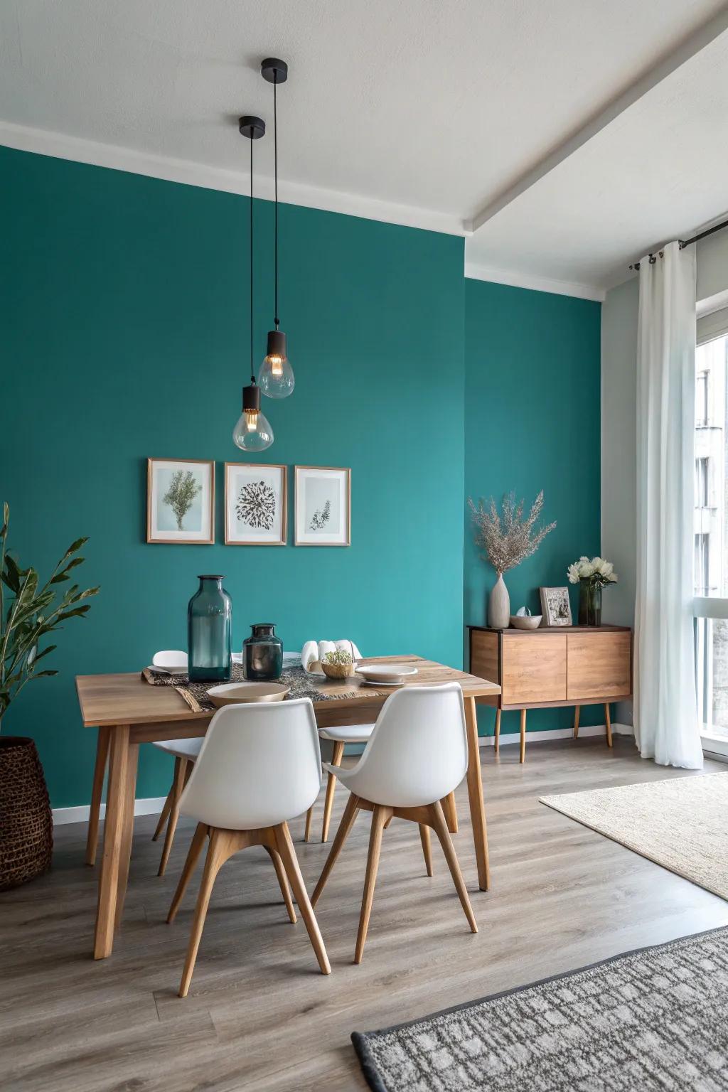 Teal adds a modern touch to a minimalist dining room