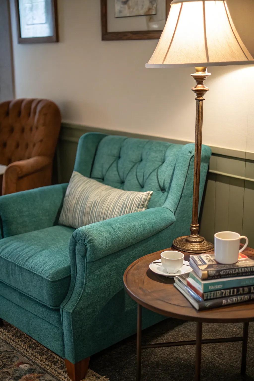 A cerulean loveseat fashions a delightful and personal nook.