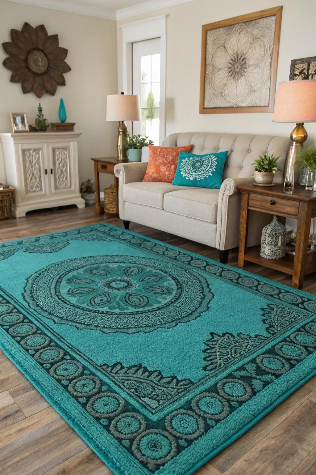 A teal and turquoise floor covering anchors the area while delivering comfort.