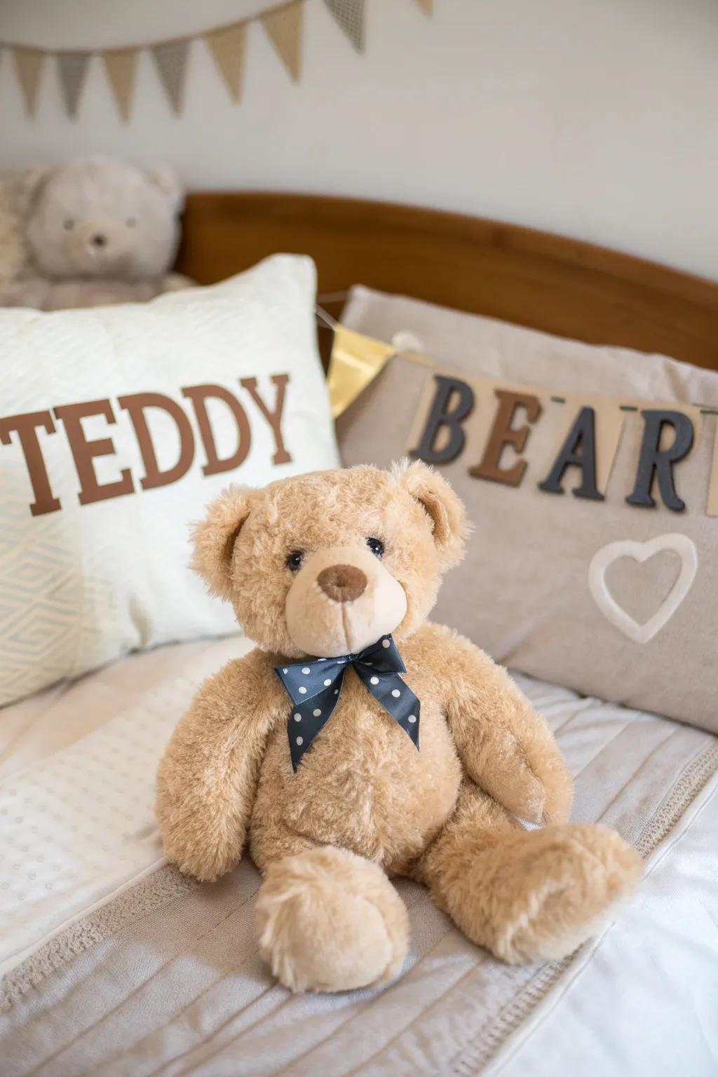 Tailored lettering introduces a delightful element to a plush companion centerpiece.