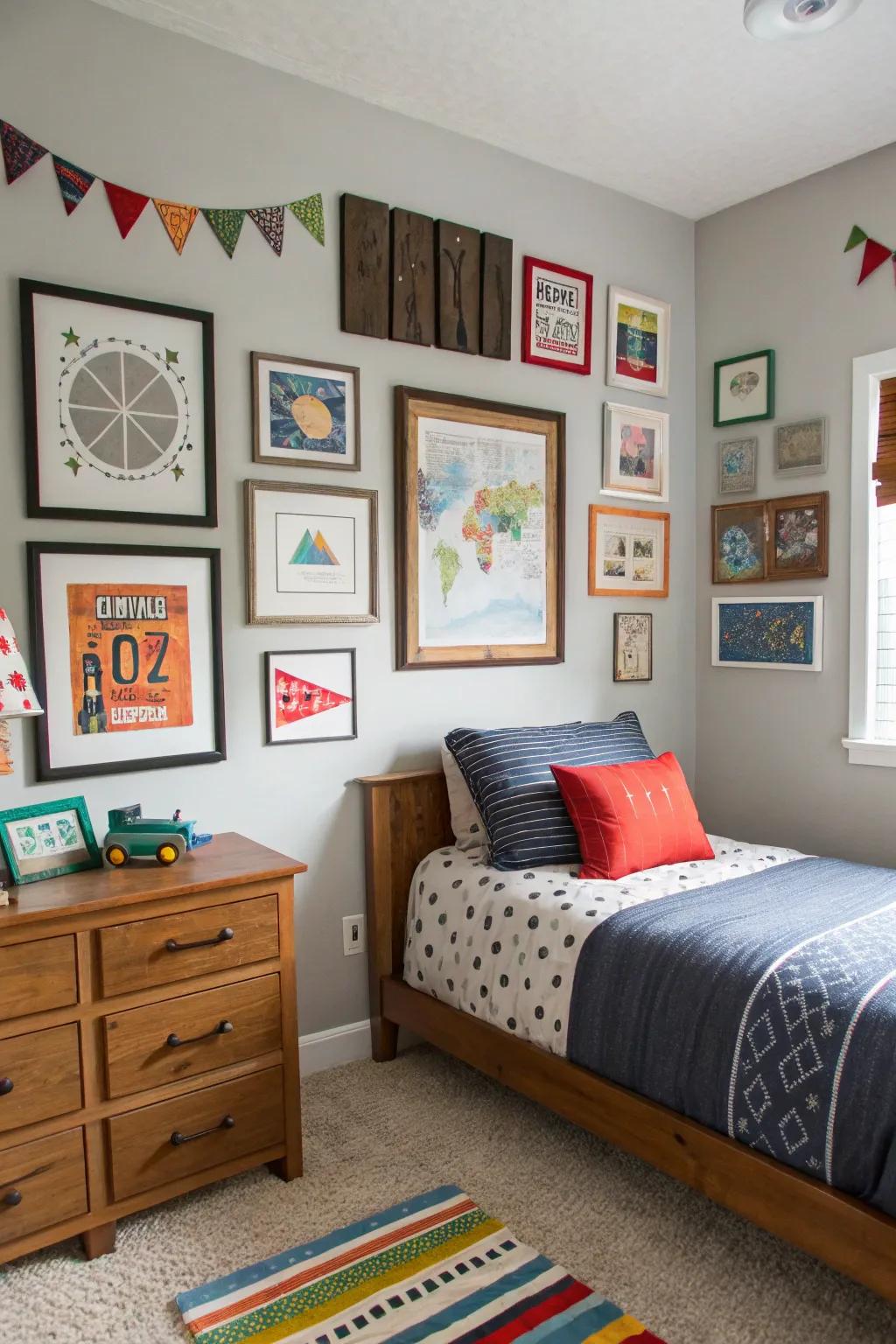 Artistic elements like framed artwork and wall decals personalize this teen boy's room.