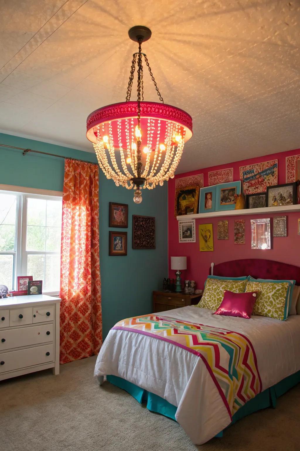 Whimsical overhead lights make a daring impression.