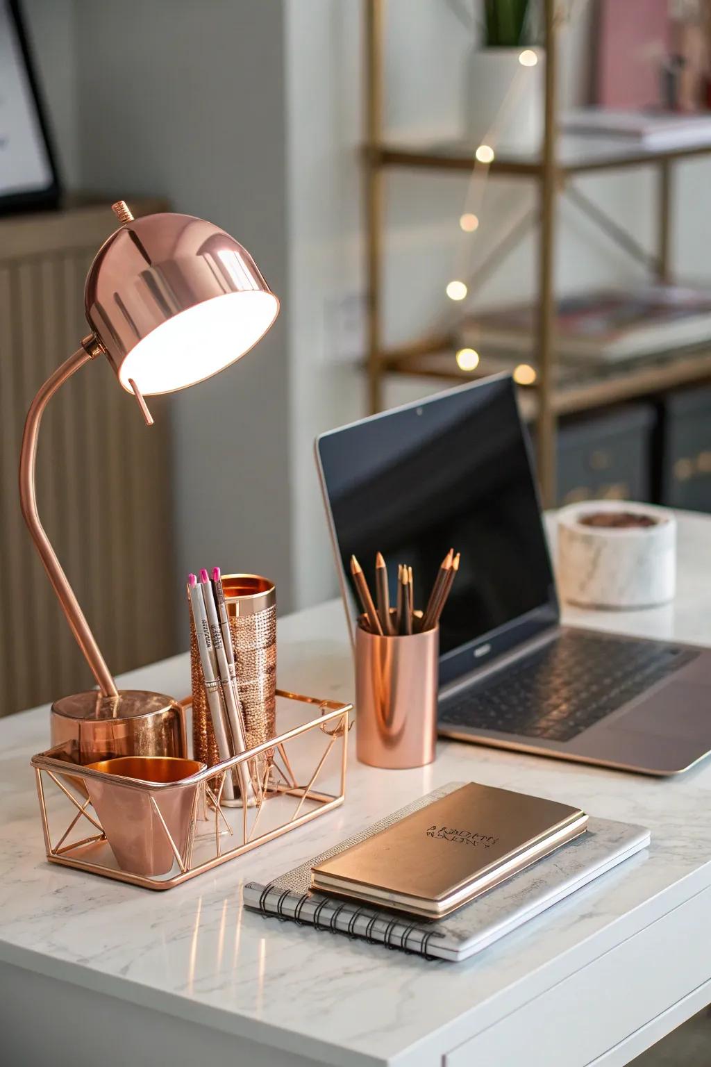 Rose gold desk accessories inject a chic touch into study areas.