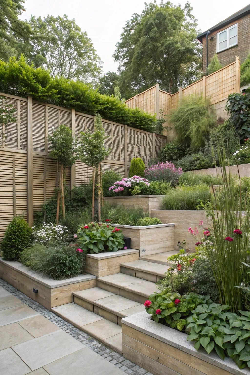 A terraced garden with privacy elements, offering secluded and intimate outdoor spaces.