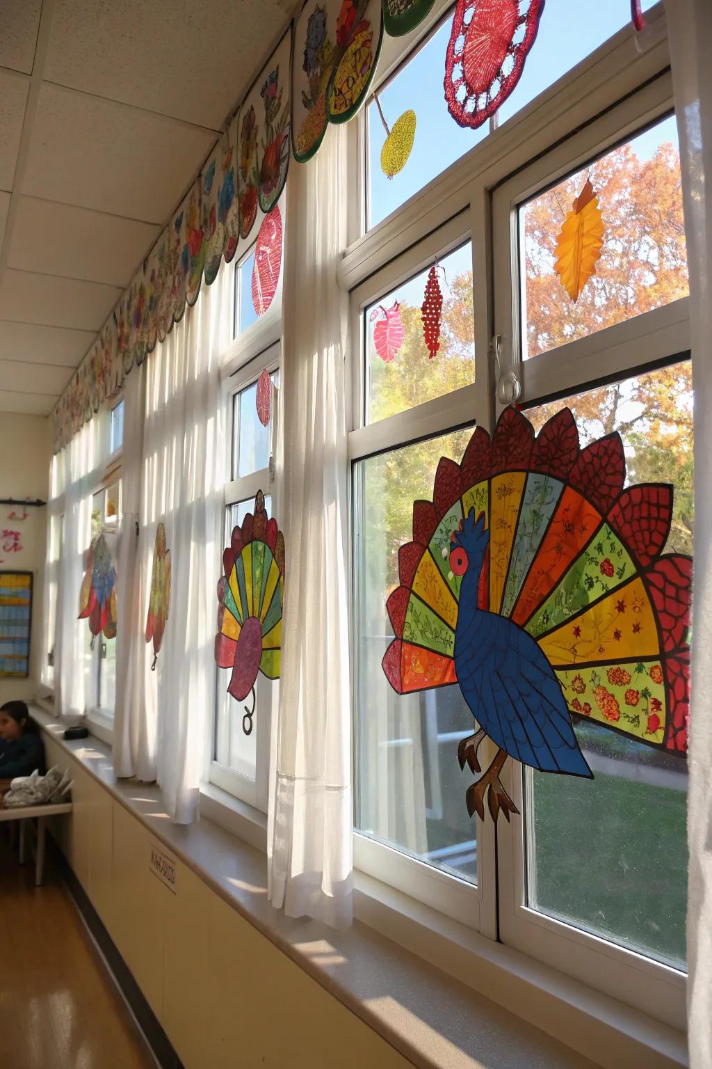 Turkey light-catchers impart a whimsical element to classroom windows.