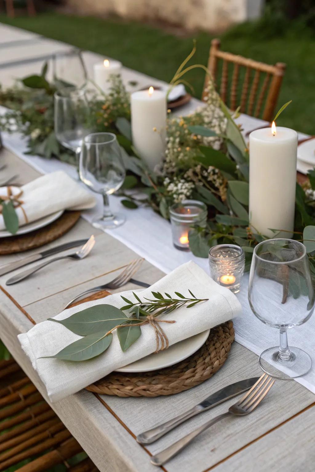 Leaf-wrapped napkins present a fresh and natural detail to your table.