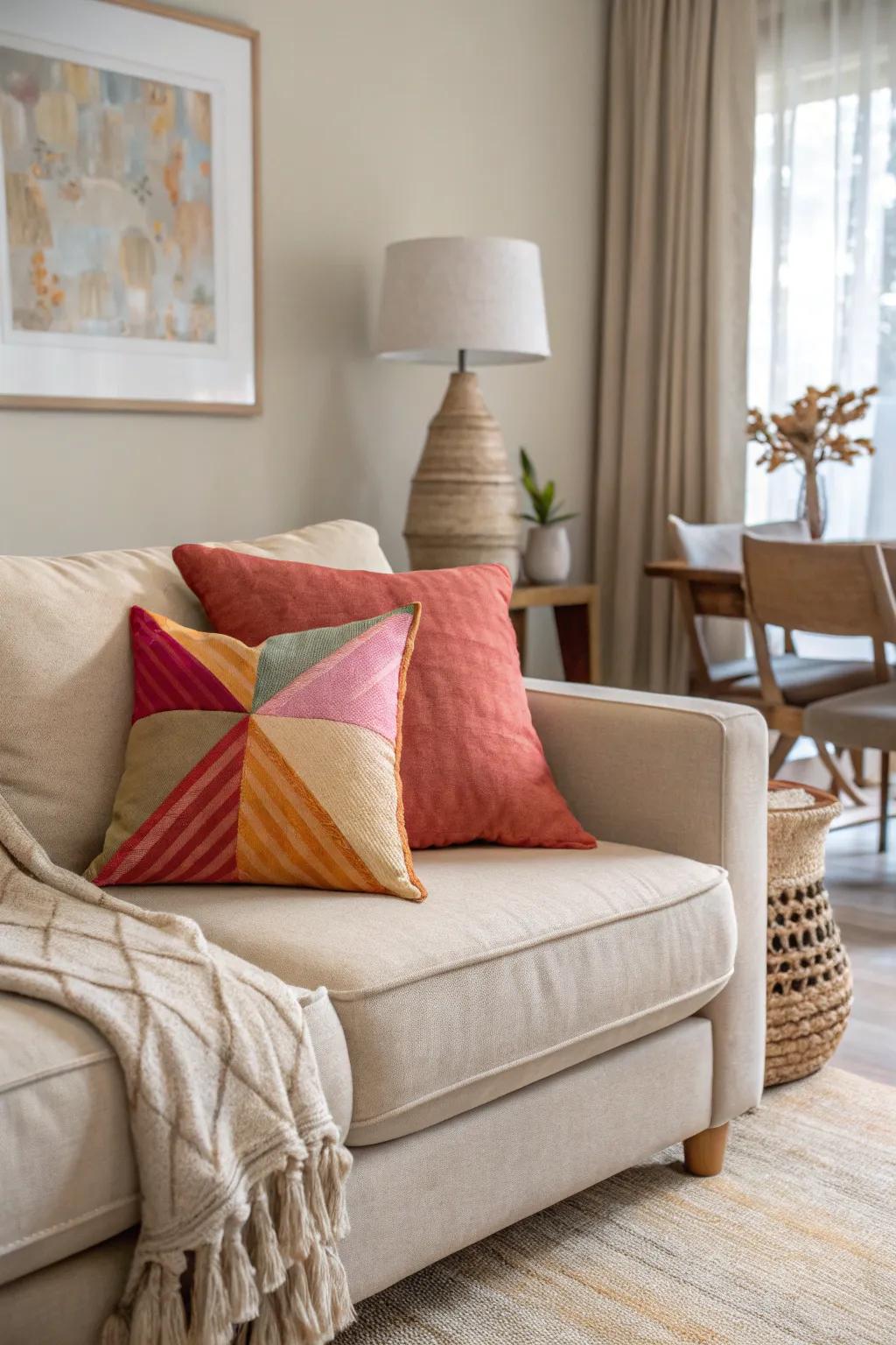 A stunning highlight of color with a vibrant throw pillow set against a neutral backdrop.