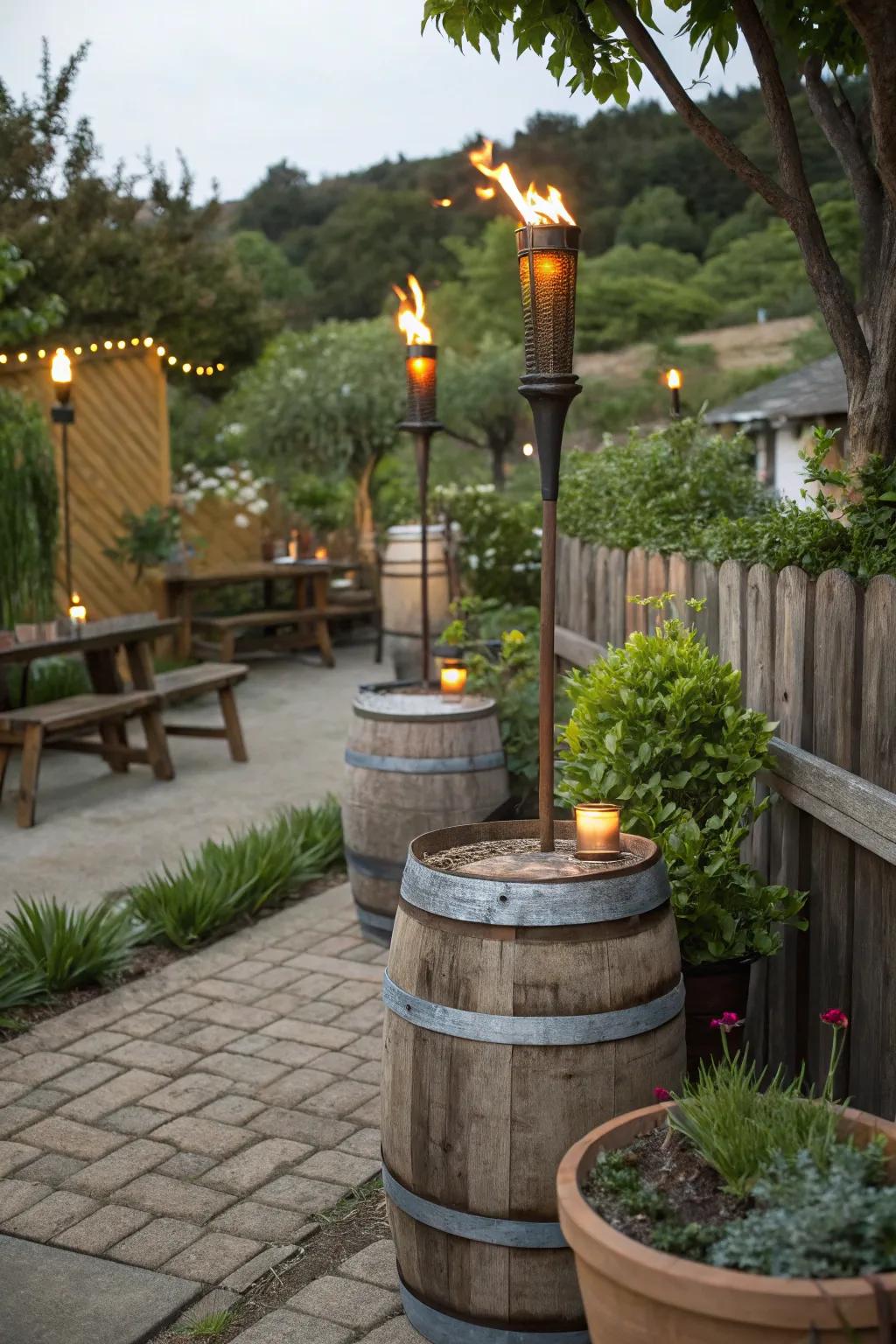 Incorporate woodland appeal utilizing spirits barrel flame poles.