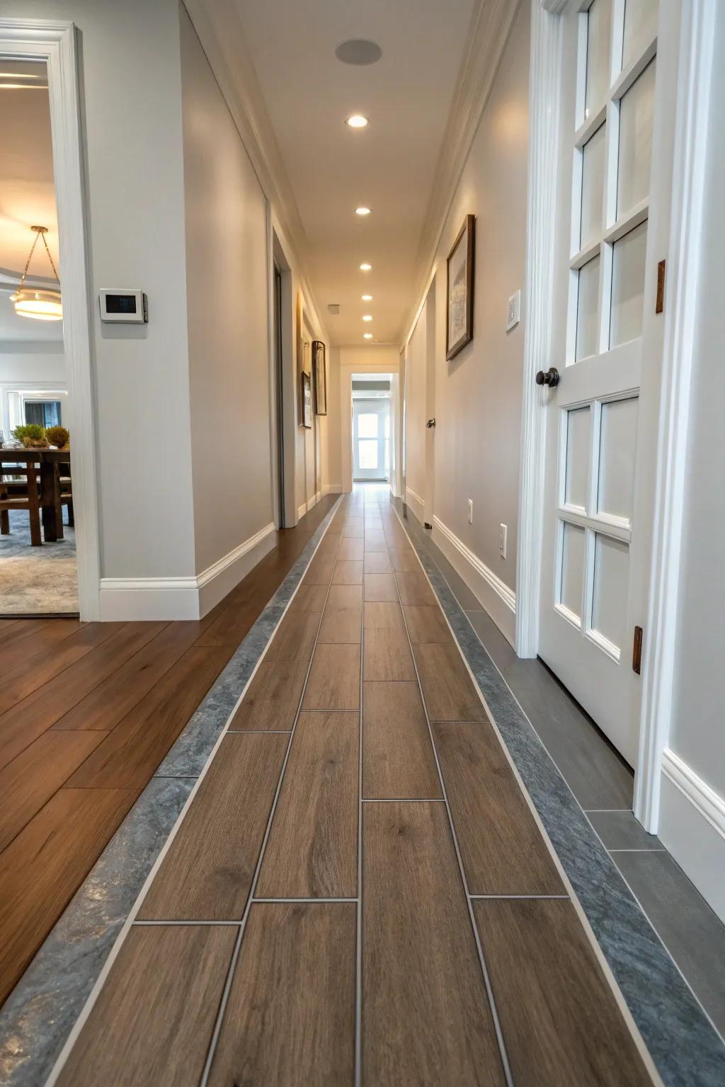 T-shaped trim fashions a faultless flow between tiling and hardwood floors.