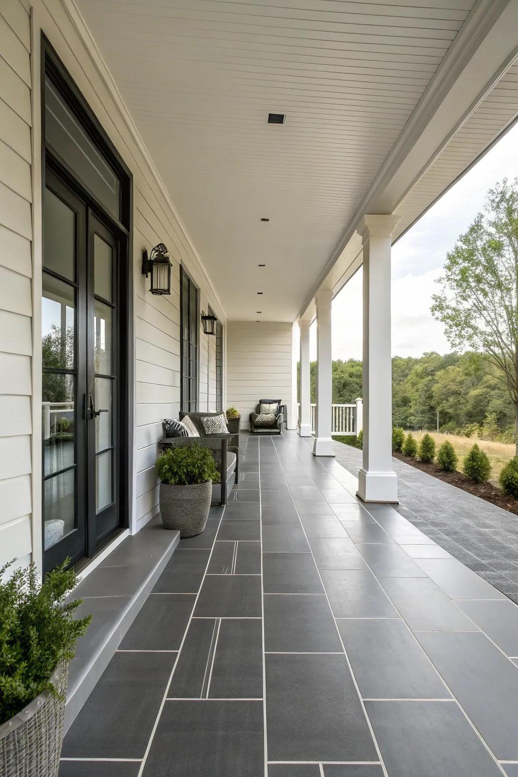 Sleek tiles provide a modern and polished look to this porch.