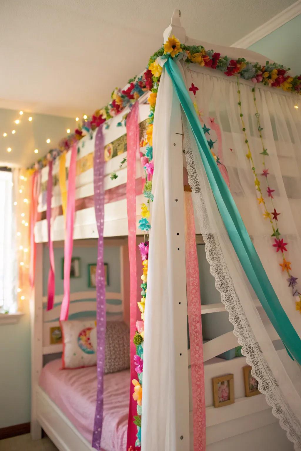 Ribbons add whimsy to the top bunk.