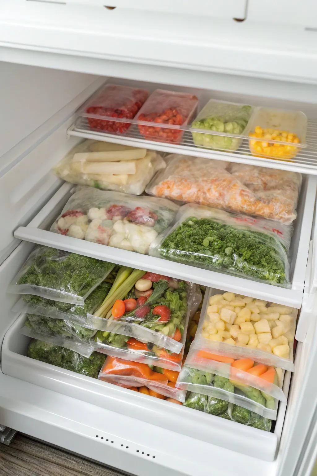 Items frozen flat inside bags, filed neatly for optimal utilization of space inside a top freezer.