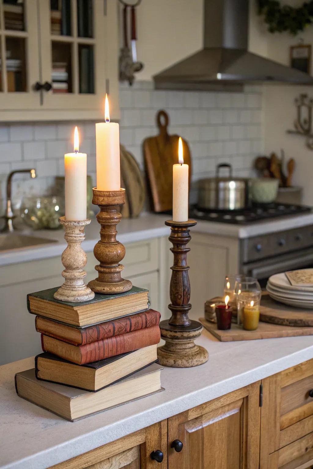 Generate depth through ornamental pieces of varied heights above your cabinets.