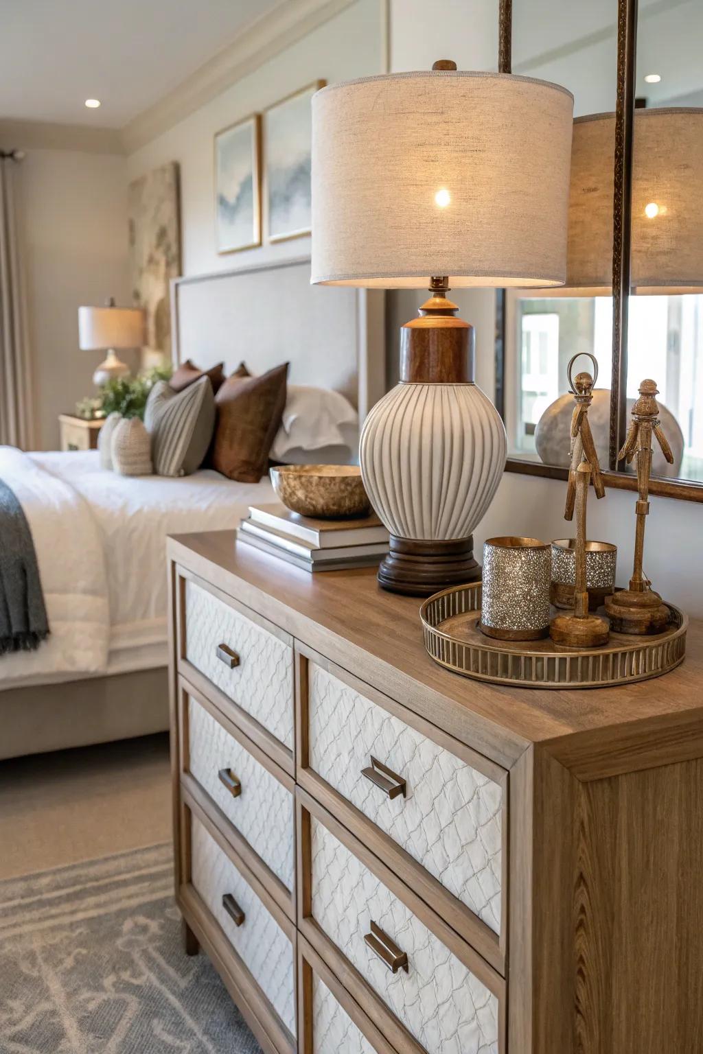 A combination of textures gives depth to a dresser arrangement.