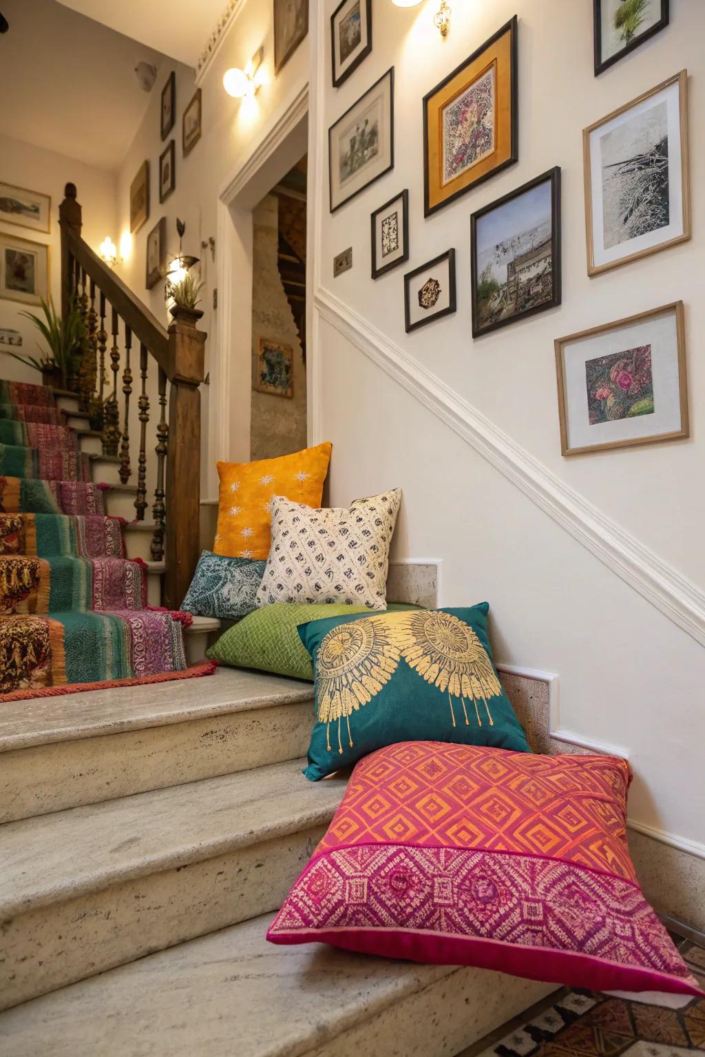 Accent colors bring vibrancy to the top of stairs.