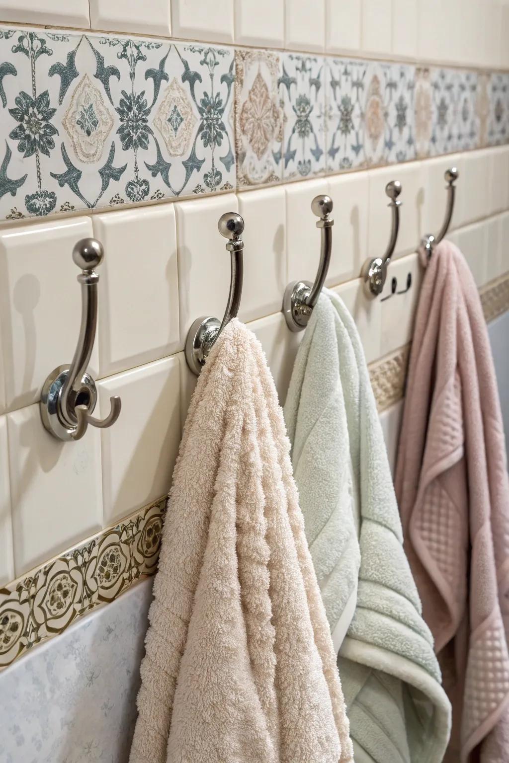 Towel hooks provide a quick and space-efficient storage solution.