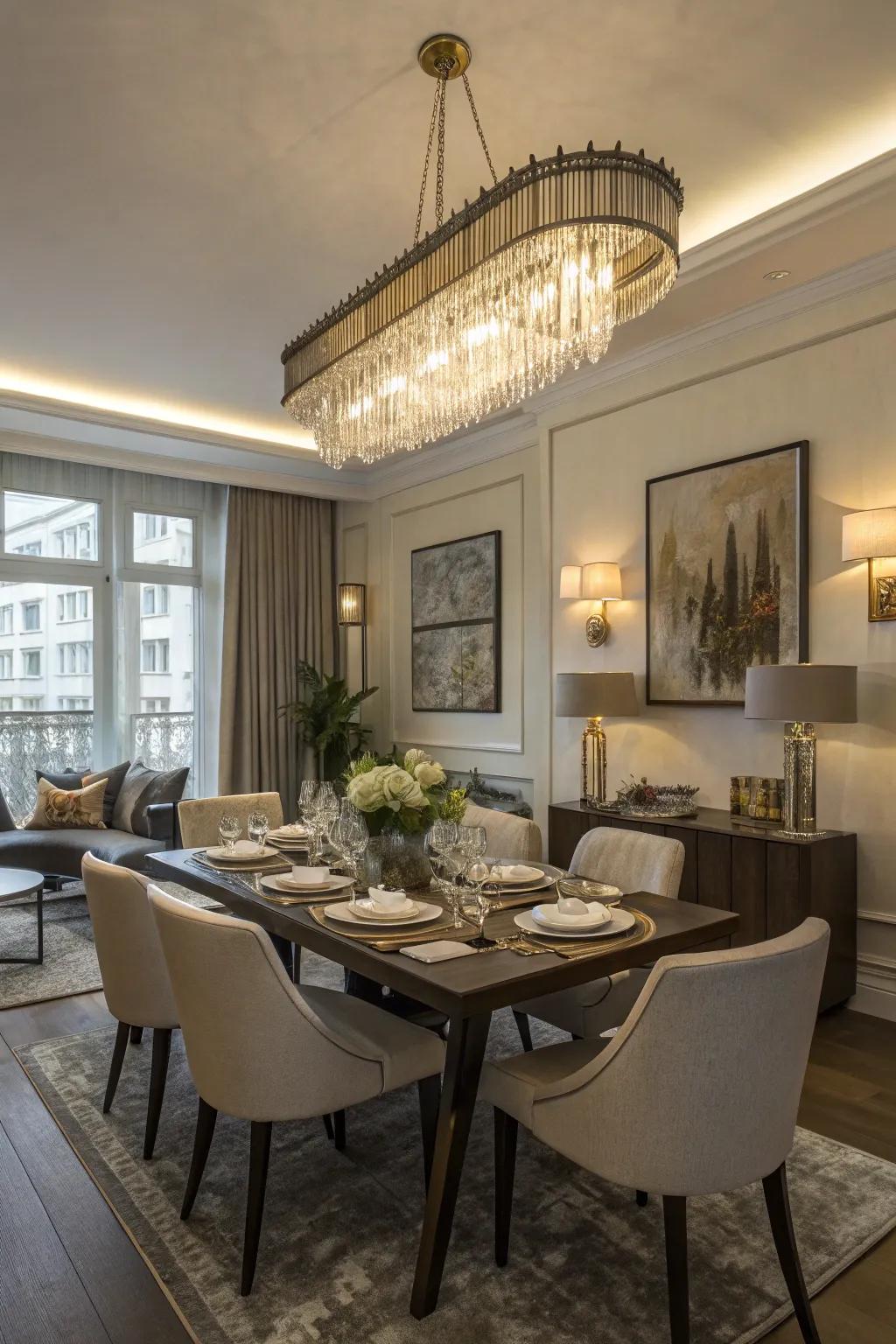 Dining area showcasing a modern chandelier