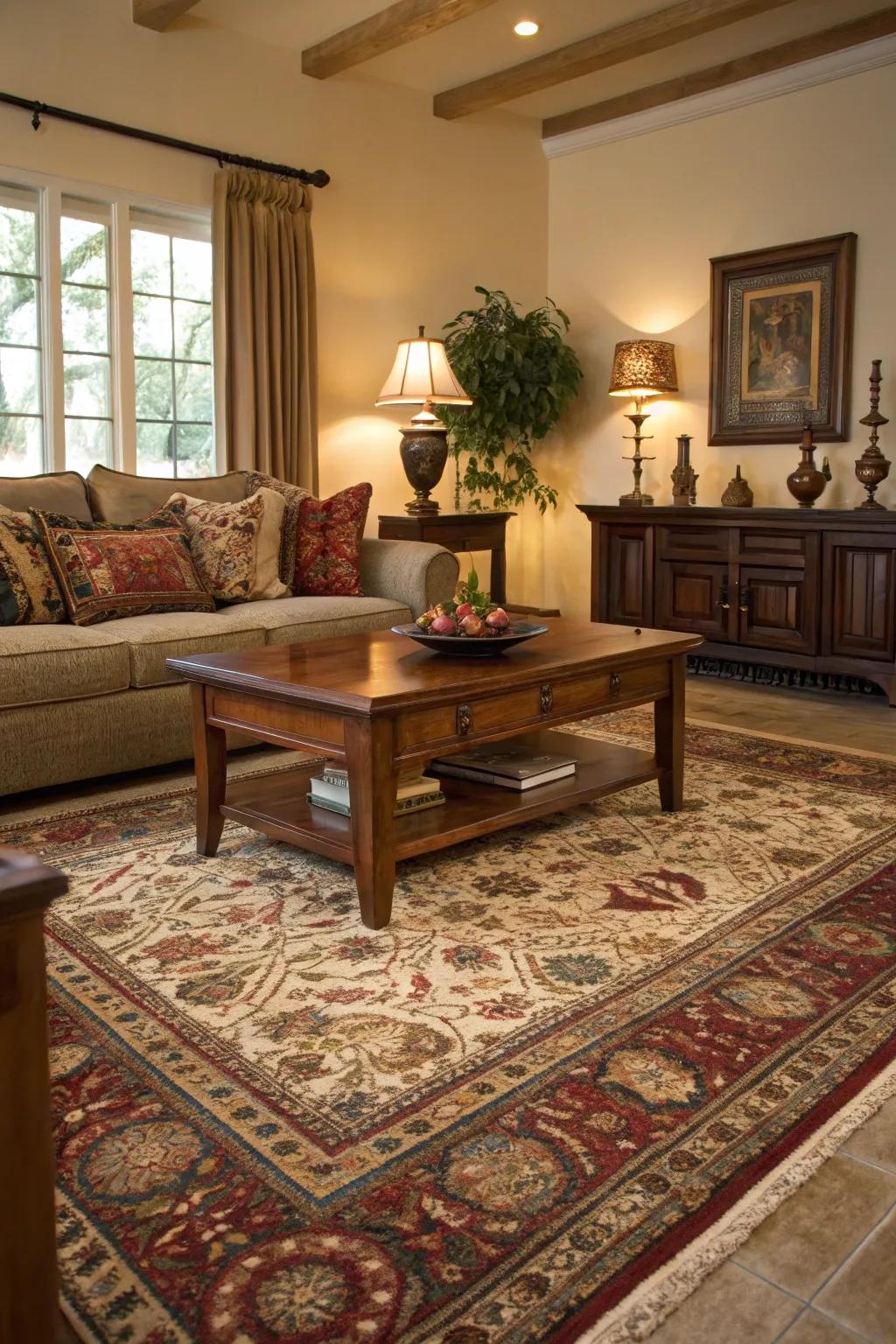 A statement floor covering anchors this classic living room beautifully.