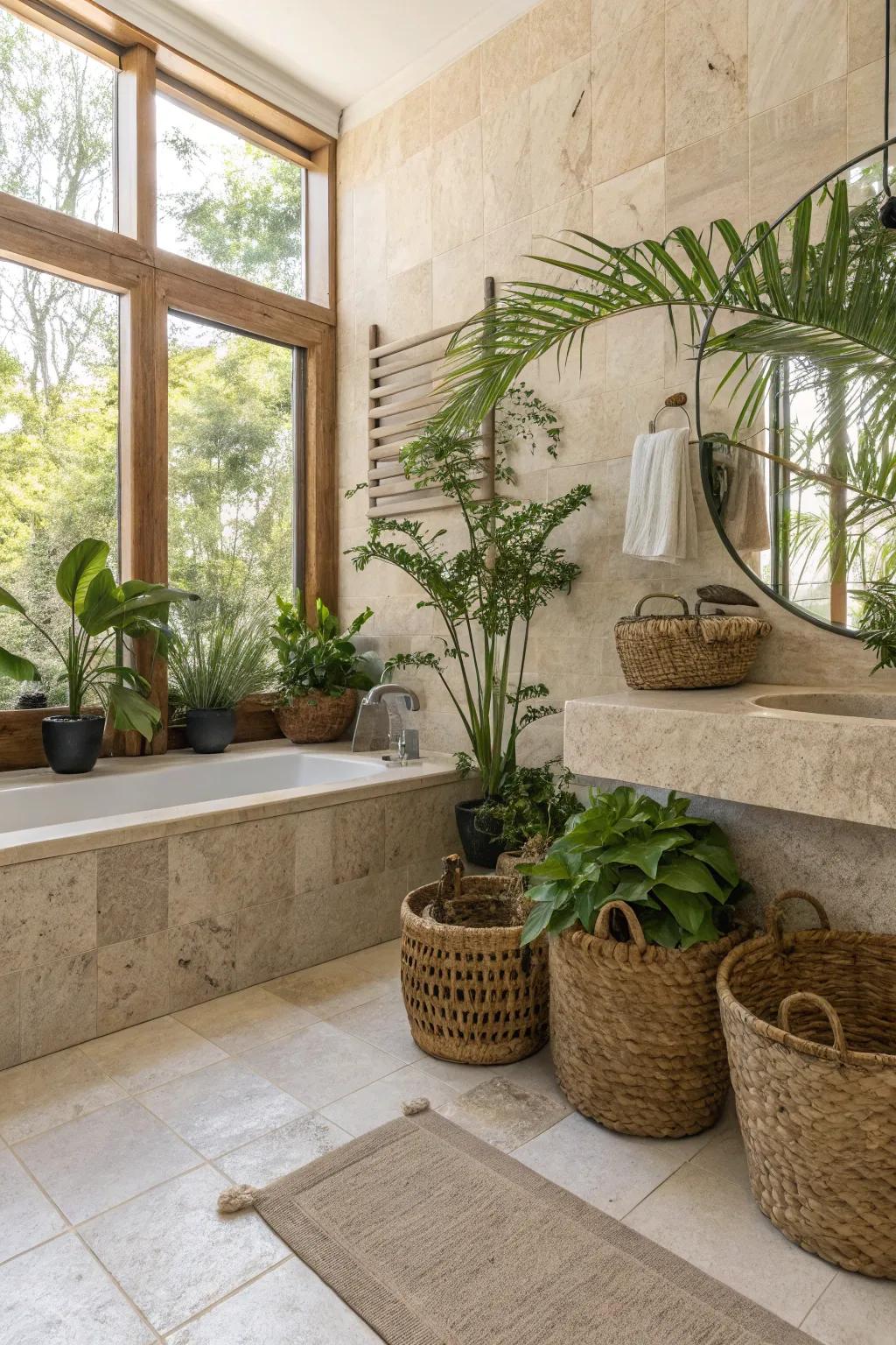 A travertine bathroom enlivened with plants and woven baskets for a natural ambiance.