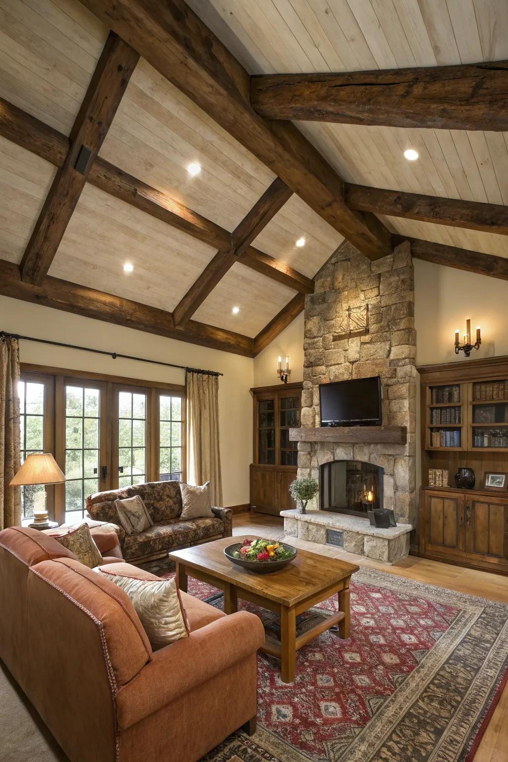 A rustic living room with a tray ceiling featuring wooden beams.