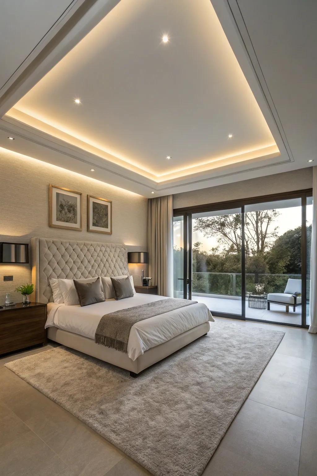 A modern bedroom with networked lighting integrated into the tray ceiling.