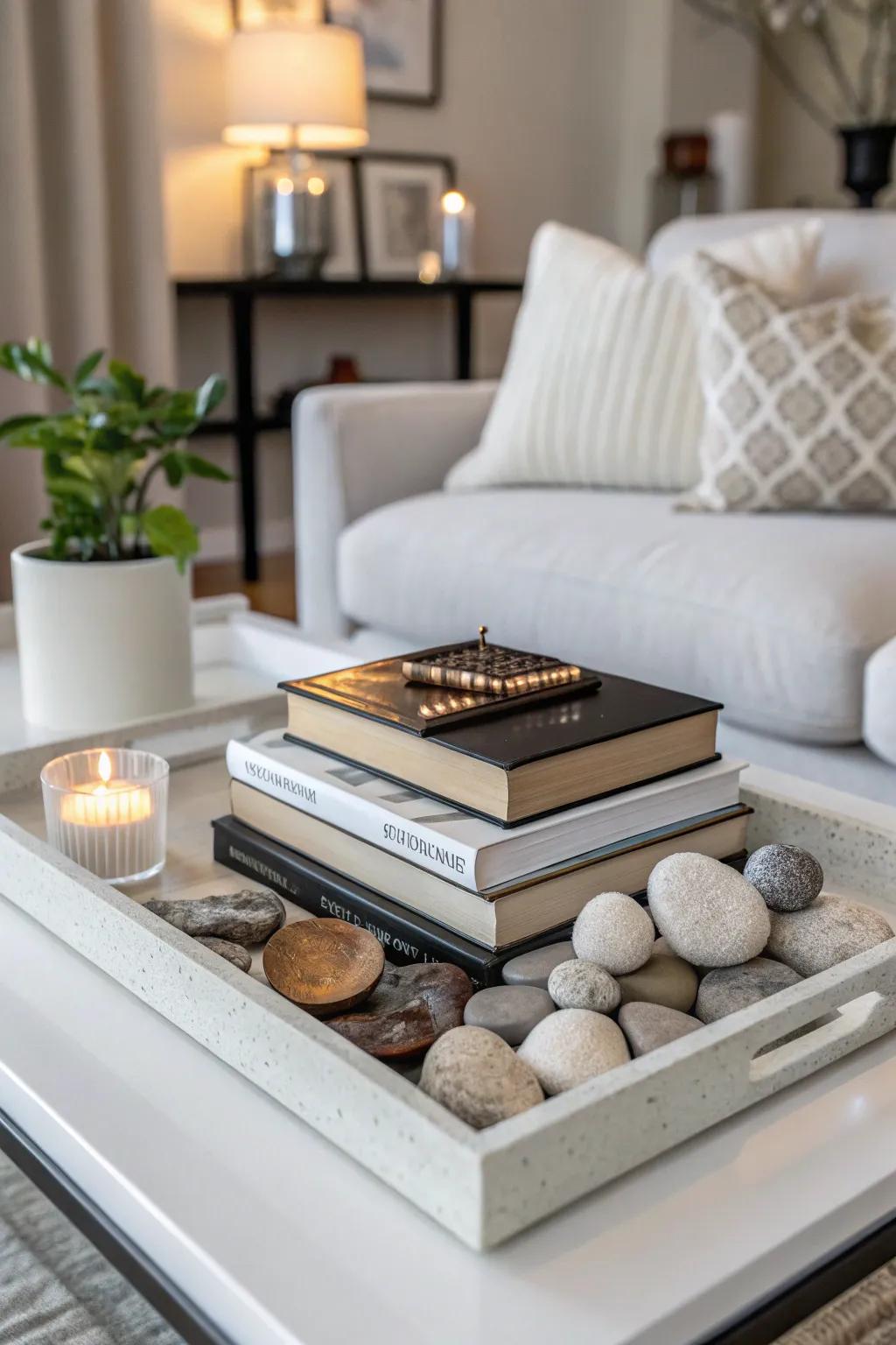A stylish coffee table featuring a layered artistic tray display.