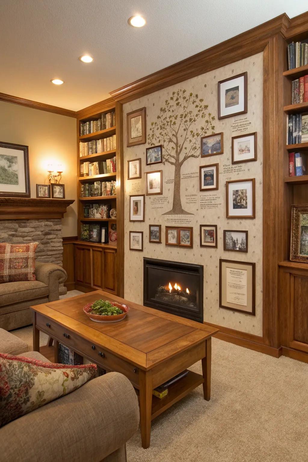 A family tree bulletin board highlighting photos and family names.