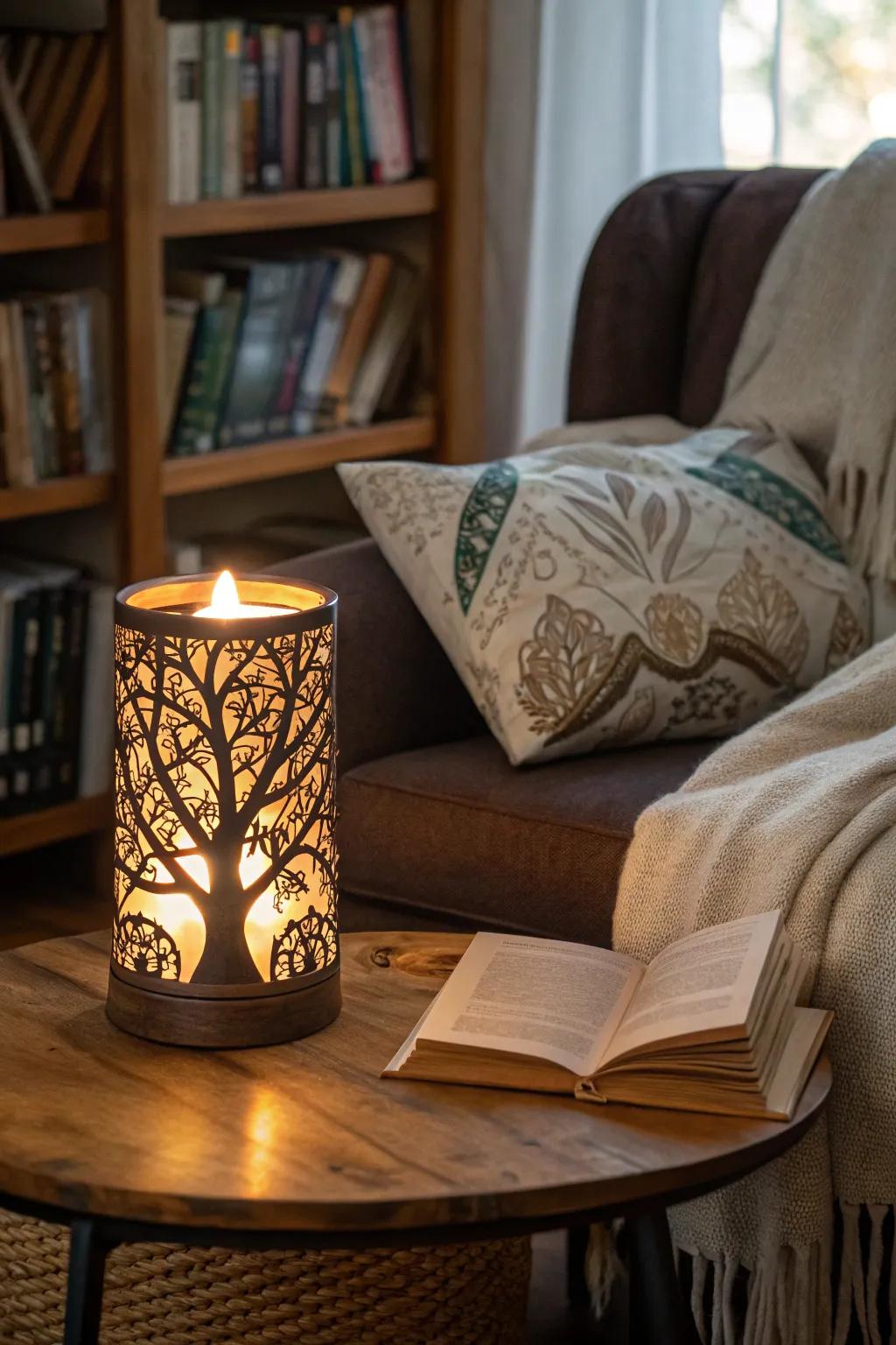 Arbor Vitae candle holder projects a warm glow in a reading nook.