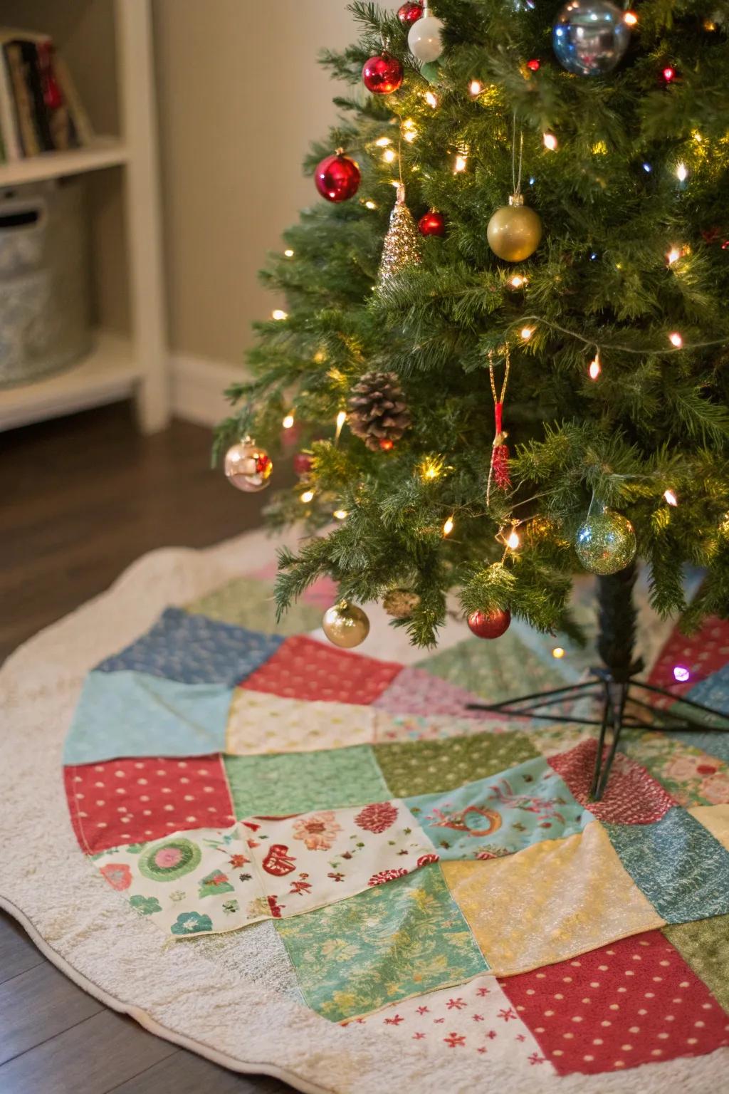 A patchwork tree skirt imparts a personal touch to your festive setting.