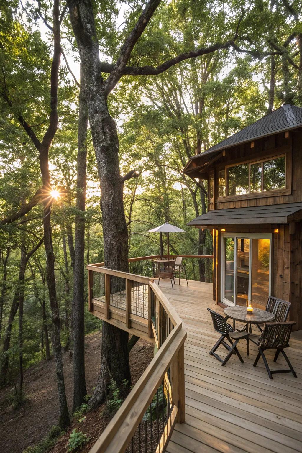 A treehouse patio connecting with nature, presenting remarkable sights of the neighboring woodland.