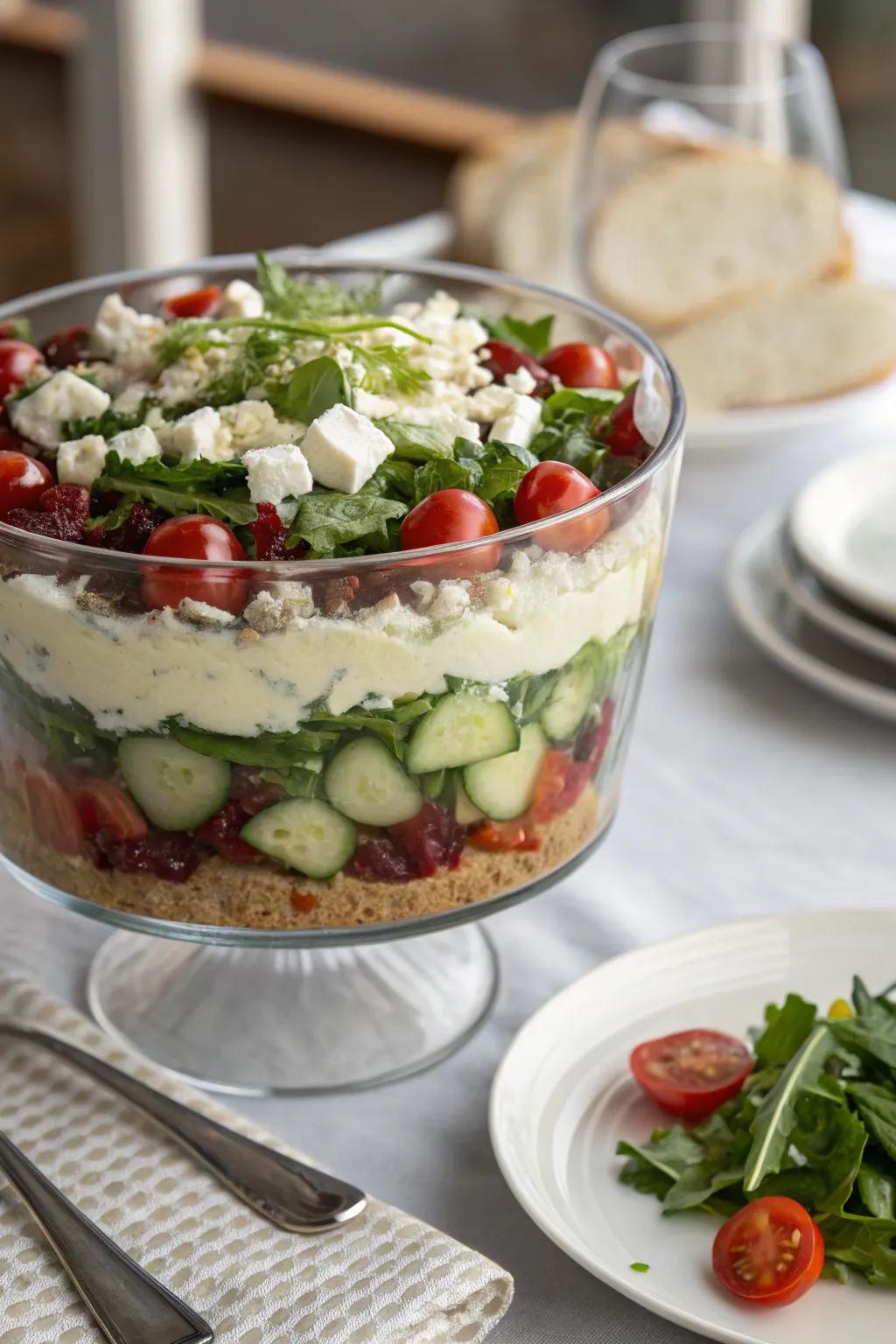 A trifle bowl beautifully displaying a layered salad.