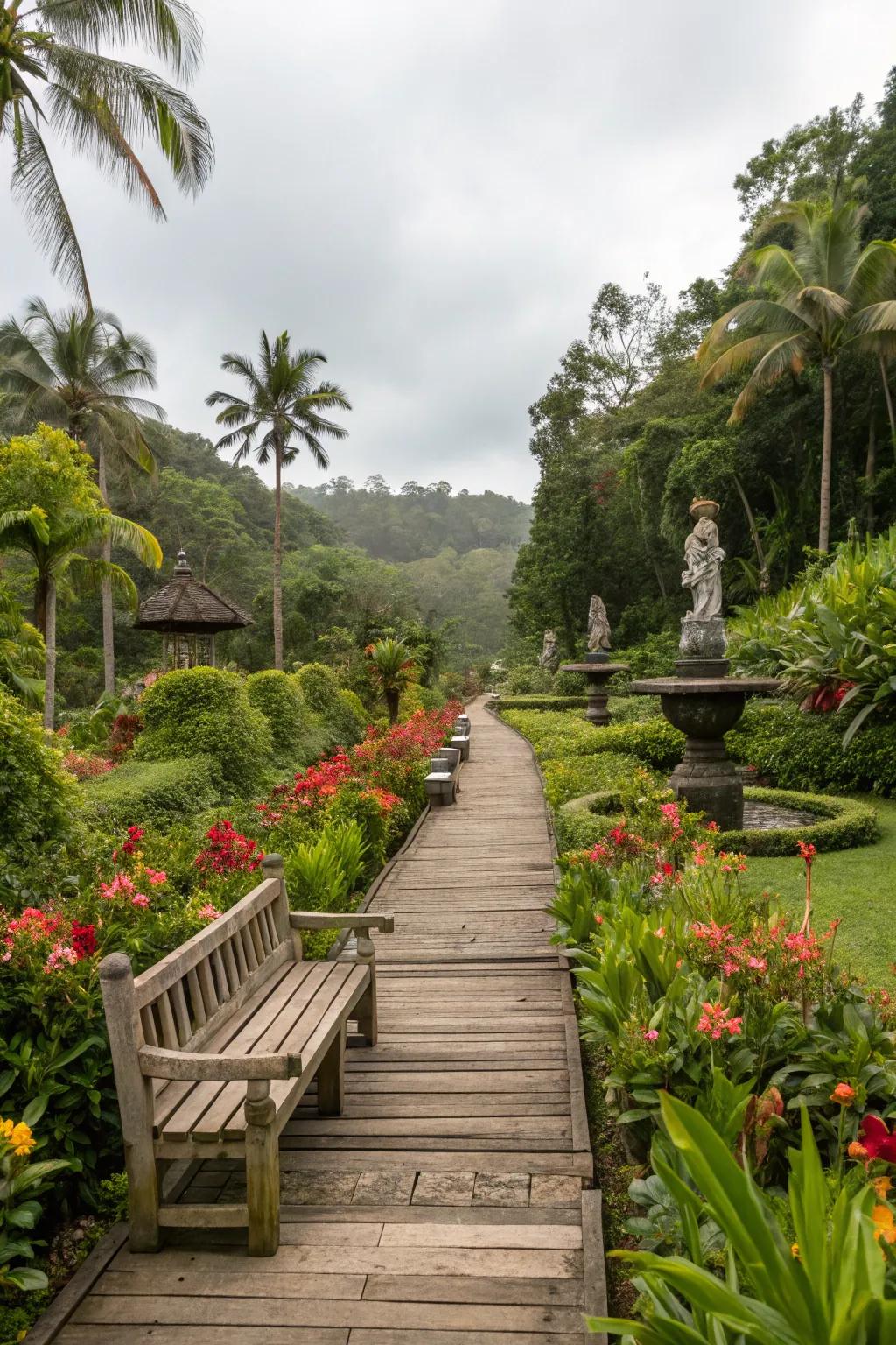 Inherent fabrics of wood and pebble elevating the tropic outdoor space's allure.