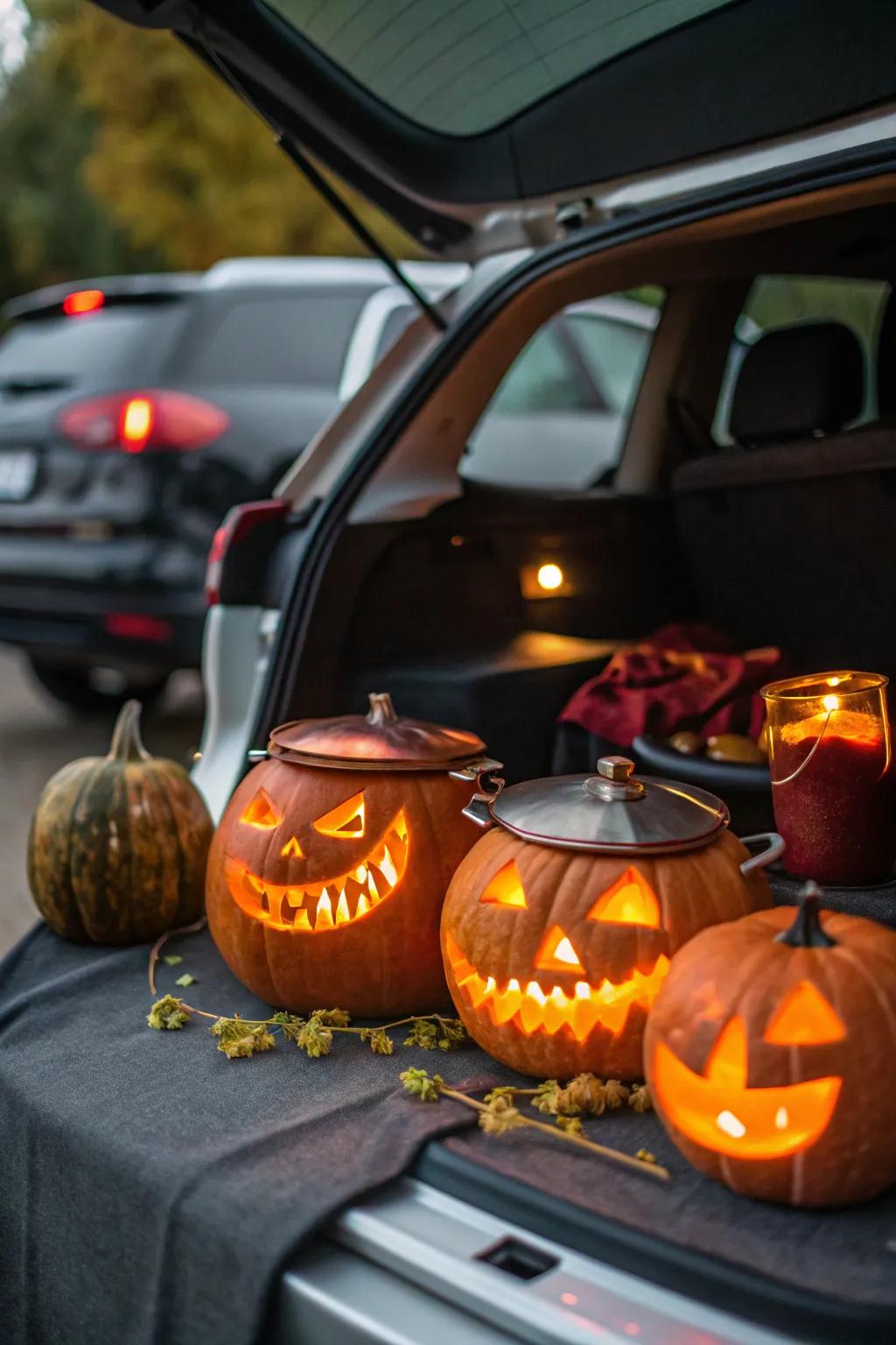 Pumpkin cauldrons light up the night with spooky charm.