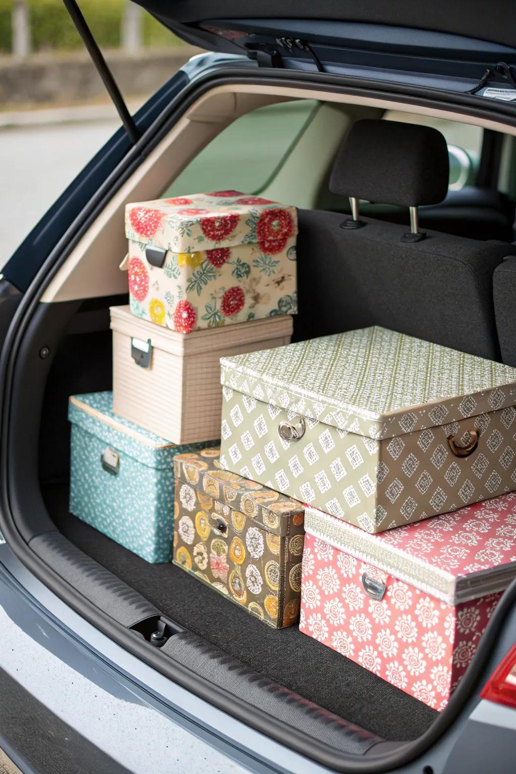 DIY fabric-lined boxes for a stylish and organized trunk.