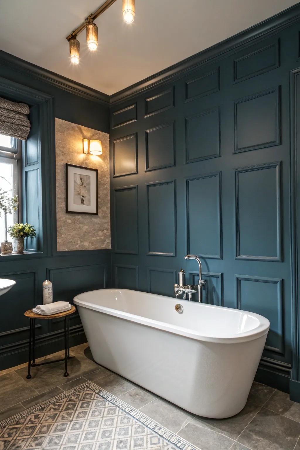 A feature wall behind the tub adds visual interest and drama.