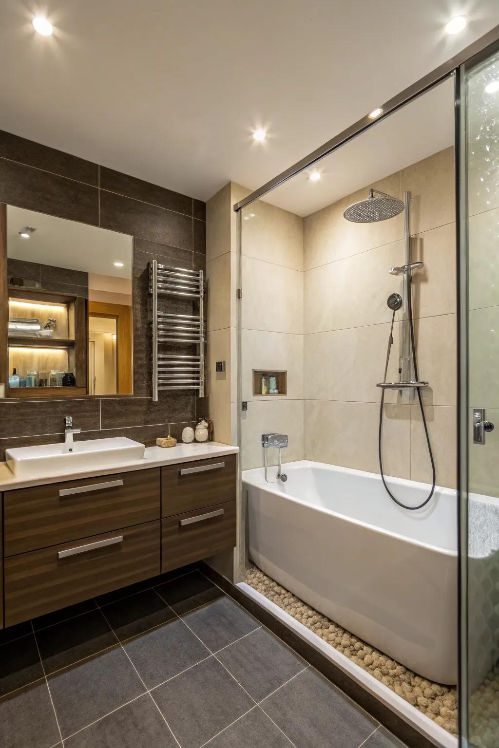 A dual-functionality setup combines shower and bath areas for maximum efficiency.