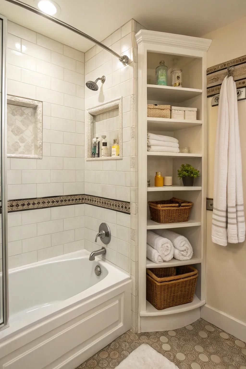 Effective space utilization in a compact bathroom using a corner combo.