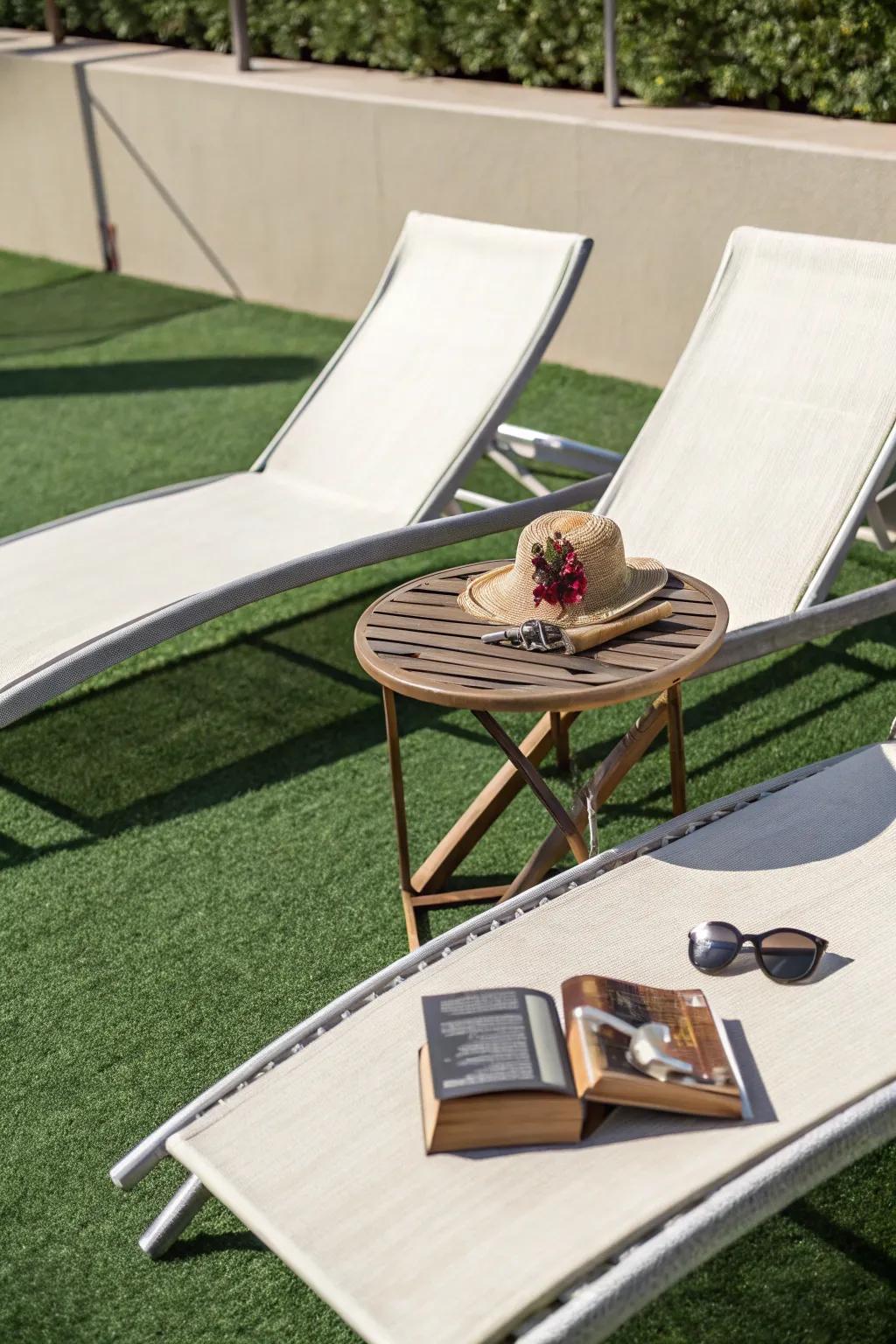 A sunny <strong>faux grass</strong> area perfect for sunbathing.” loading=”lazy” class=”pimg”>
	</picture><figcaption>A sunny <strong>faux grass</strong> area perfect for sunbathing.</figcaption></figure>
<p>Employ <strong>faux grass</strong> to establish a sunbathing zone with loungers and a side table for ultimate relaxation. On sunny days, it’s my favorite location to bask in some sunlight.</p>
<h3>Consider these options:</h3>
<ul class=