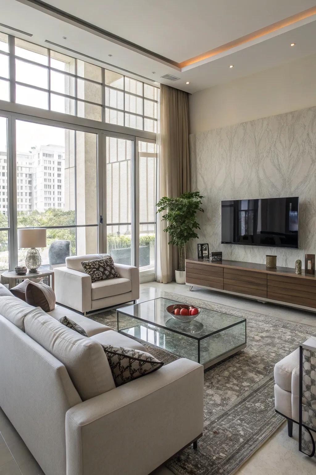 A TV wall complemented by stylish modern furnishings.