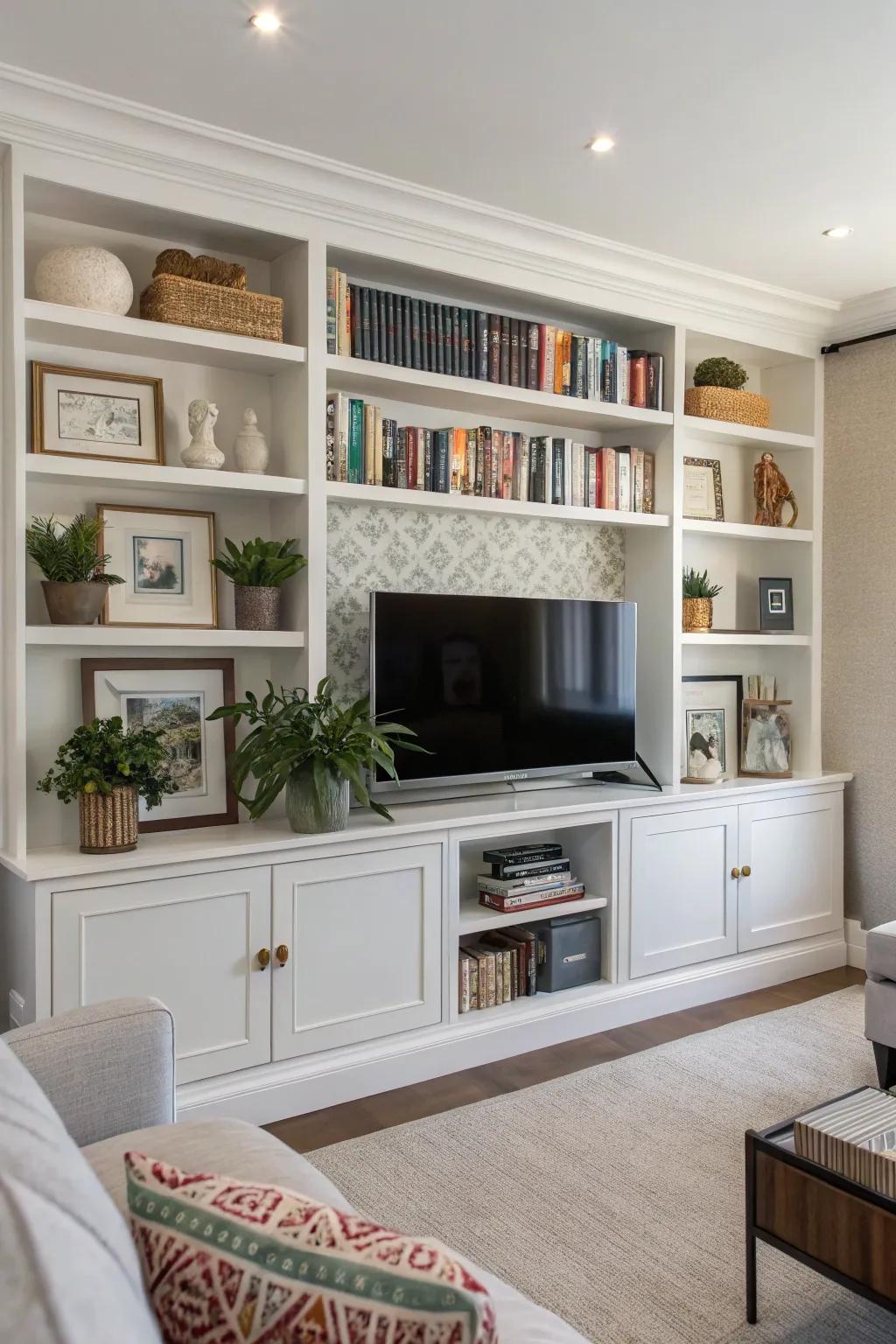 Shelves infuse functionality into this television gallery wall.