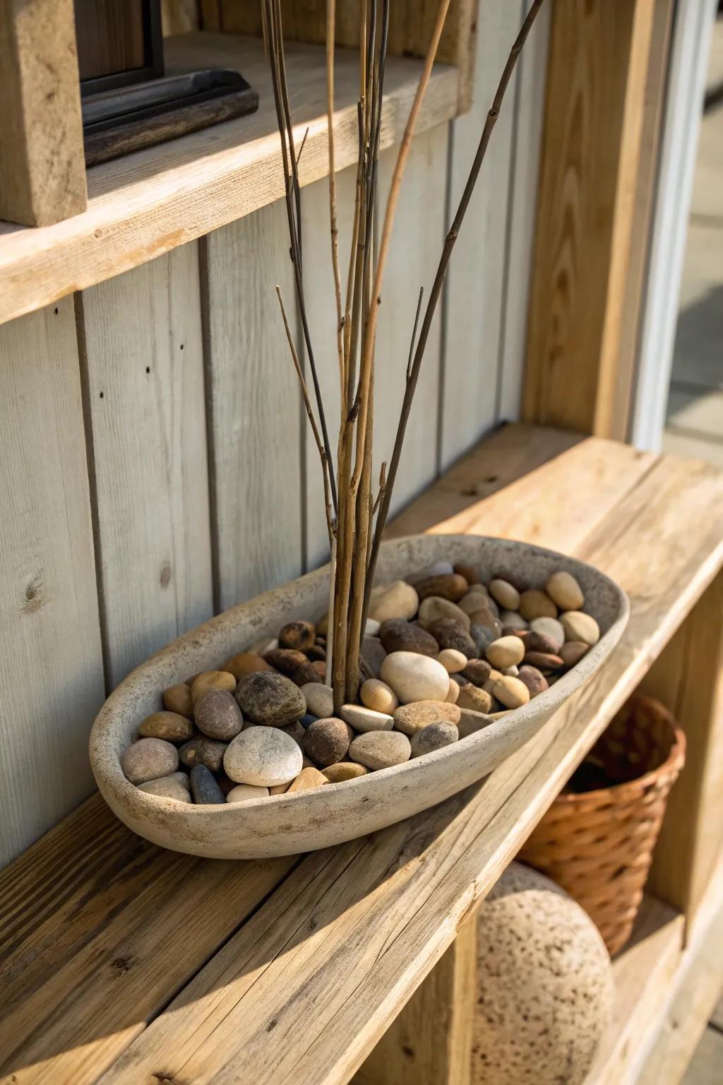 A textured integration of branches and pebbles.