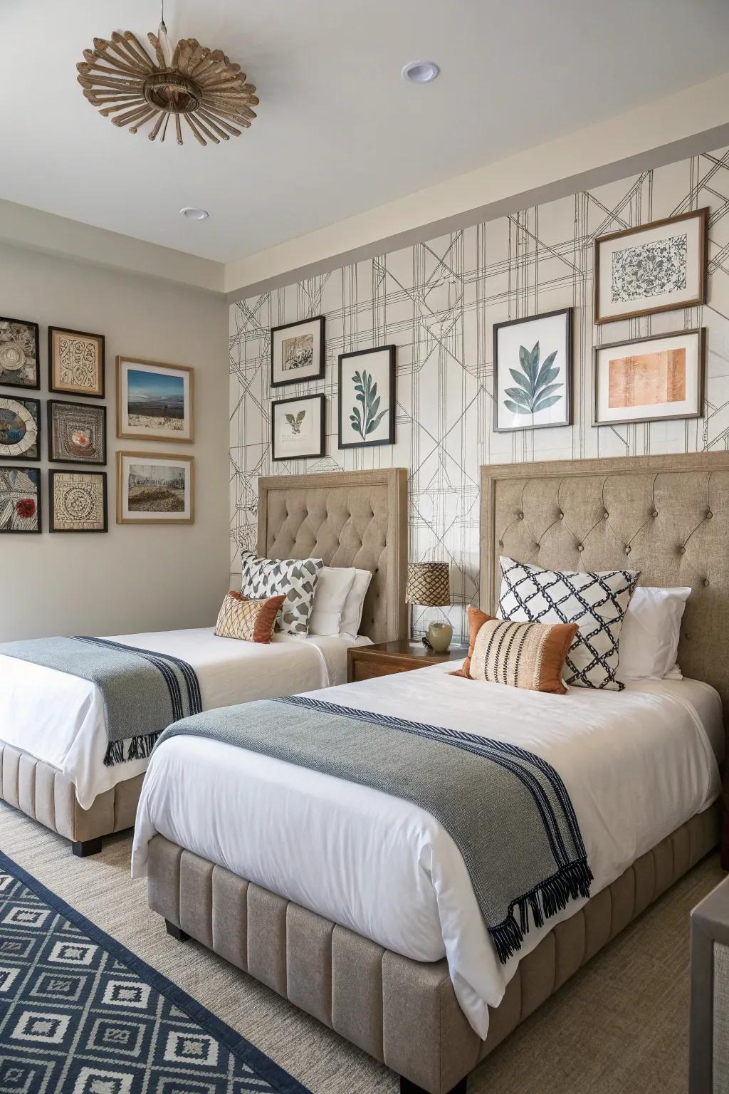 Artistic wall accents personalize and enrich twin bed spaces.