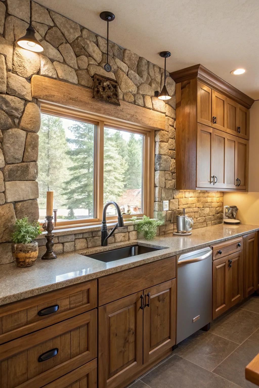 A serene kitchen environment incorporating natural stone and wood.