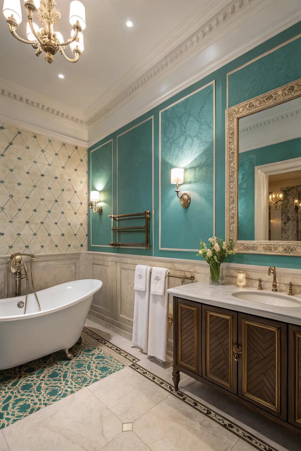 A stylish teal and ivory two-tone wall look that adds a hint of luxury.