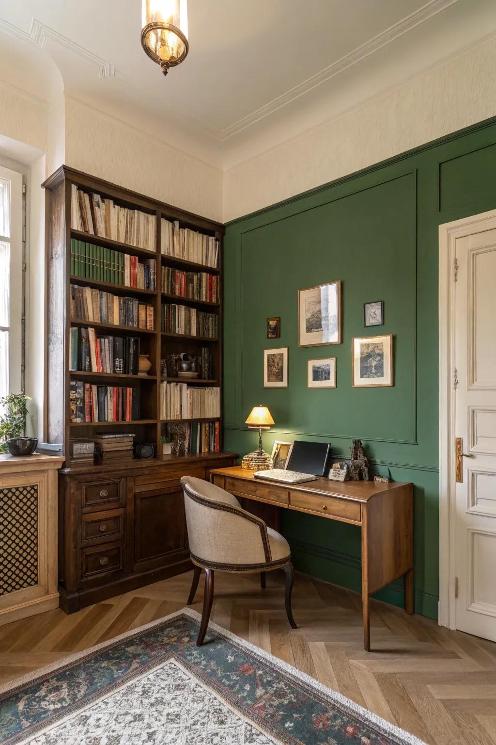 A study retreat created with organic-inspired green and cream tones.